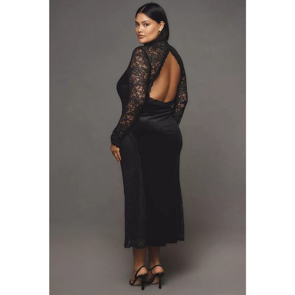 NWT Anthropologie Long-Sleeve Mock-Neck Lace Velvet Slip Midi Dress $170 SMALL - Picture 7 of 8